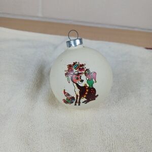 Vintage Rauch Ind Glass Hand Painted Reindeer And Elves Ornament Cartoon